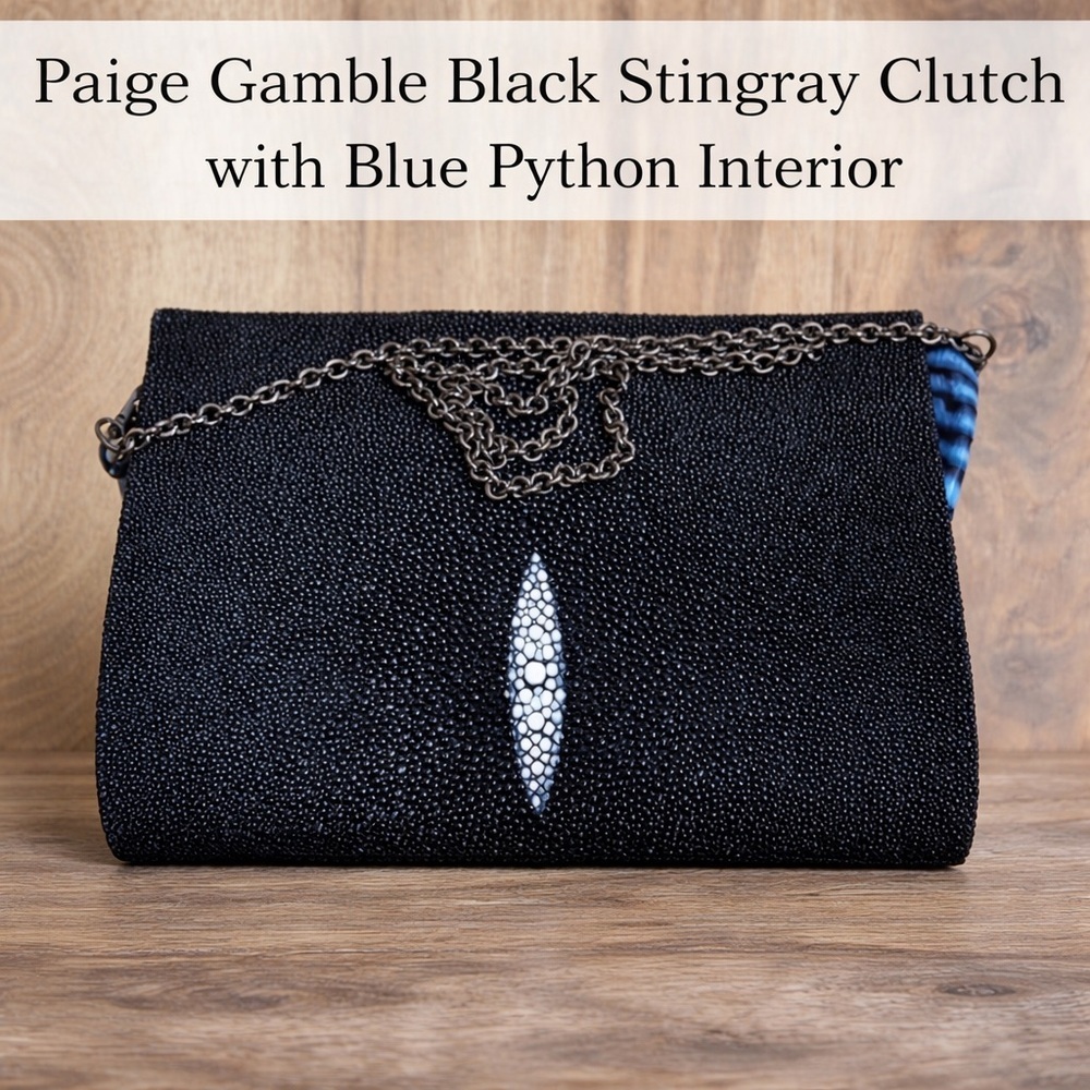 Black Stingray Leather Clutch with Blue Python Interior – Exotic Evening Bag